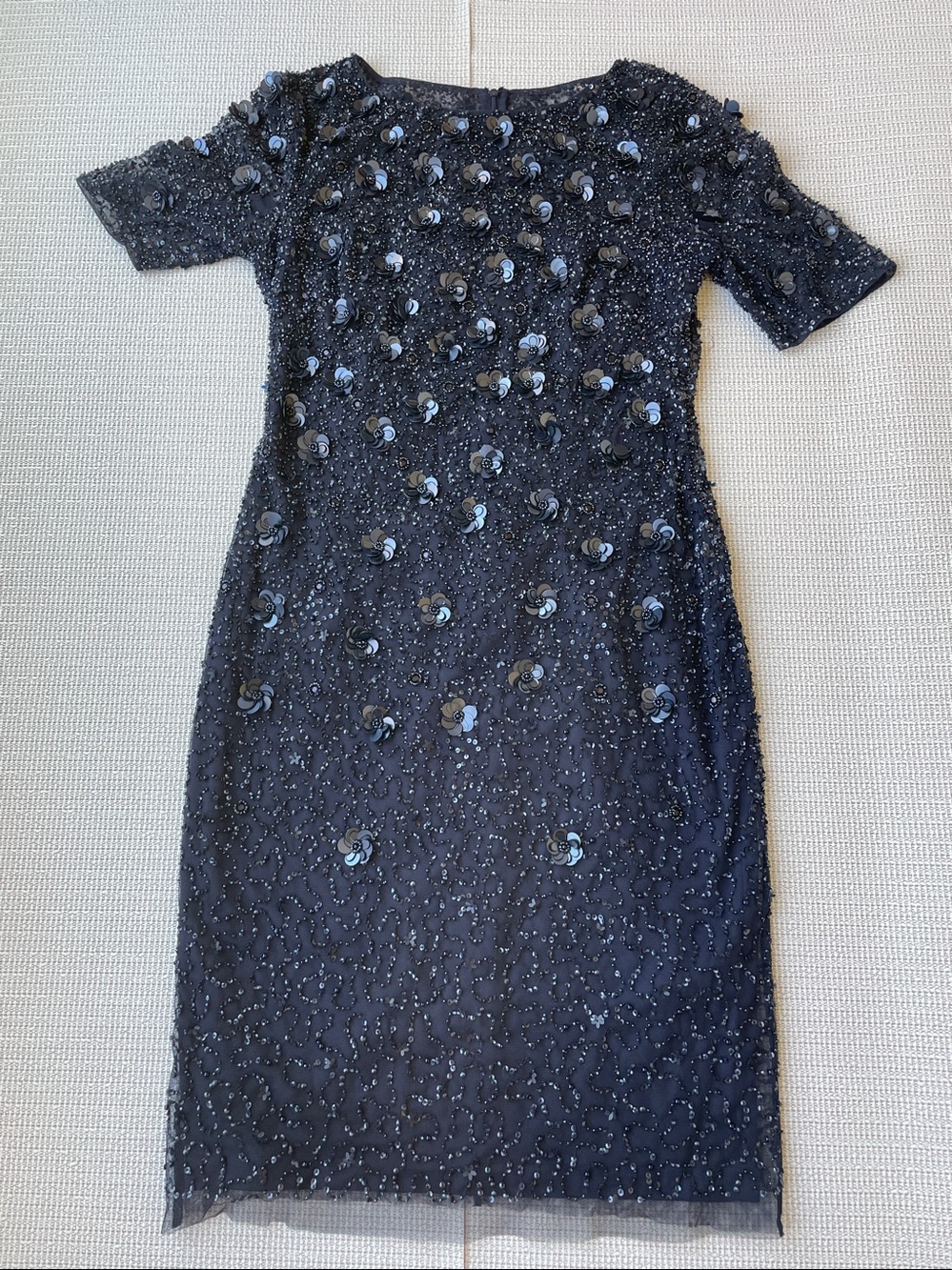 Adrianna Papell beaded Navy-blue beaded sheath dress. 3-D Floral Appliqué Beaded